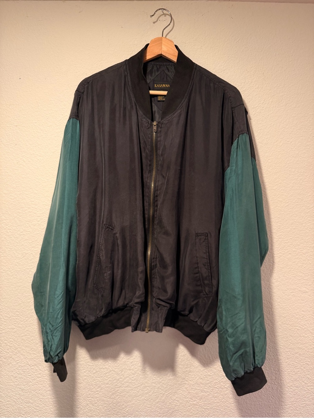 VINTAGE KASANOVA Silk Black Bomber Jacket with Teal Sleeves